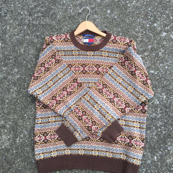 Vintage Tommy Hilfiger Sweater Mens Large Brown Fair Isle Print Dad Grandpa 90s - Picture 3 of 7